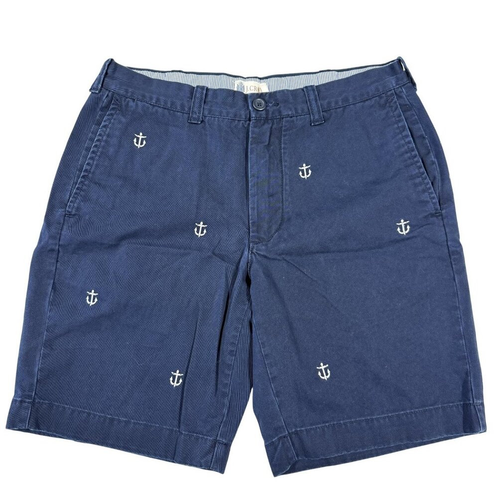 J.Crew Nautical Anchor Embroidered Chino Shorts Mens 31 Preppy Navy Blue Coastal